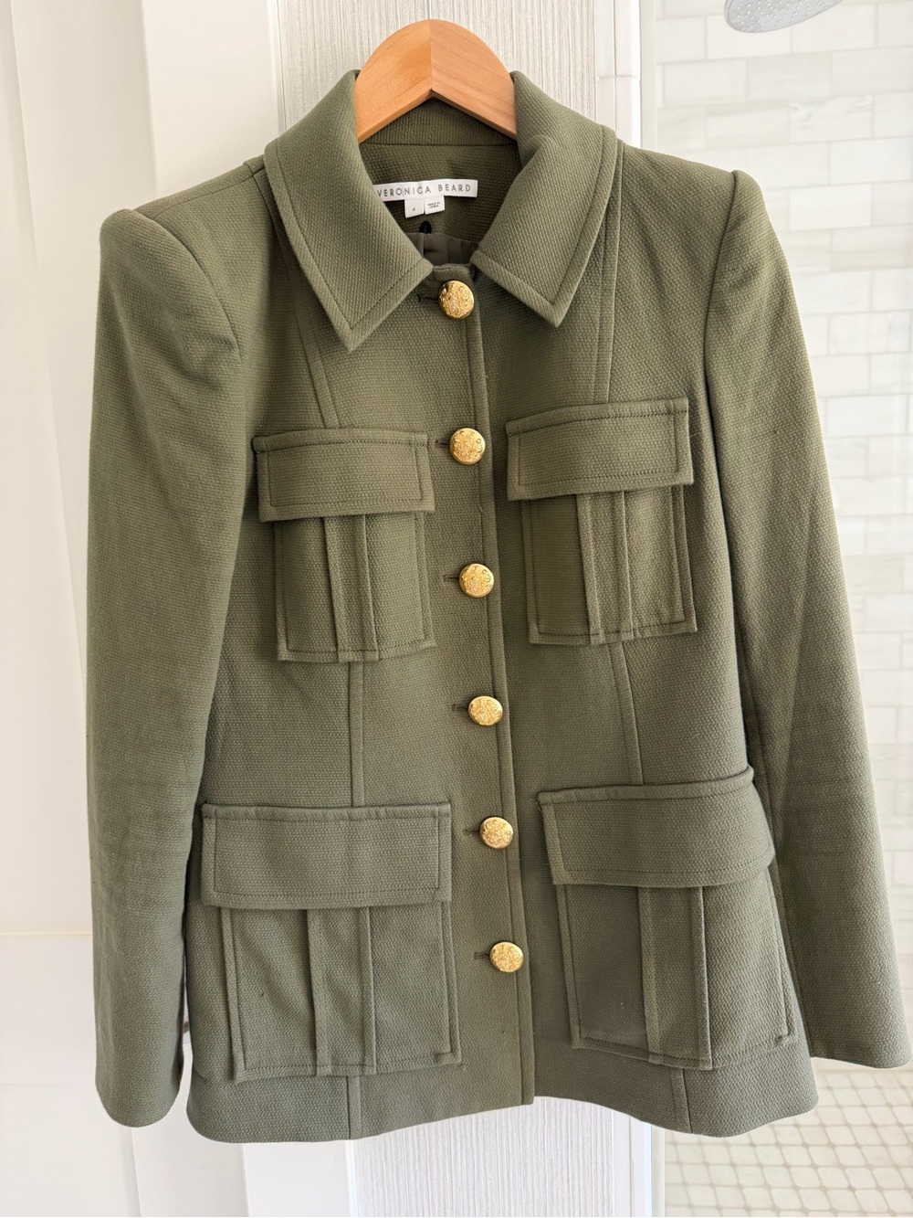 Veronica Beard Military-Style Olive Jacket with Gold Buttons